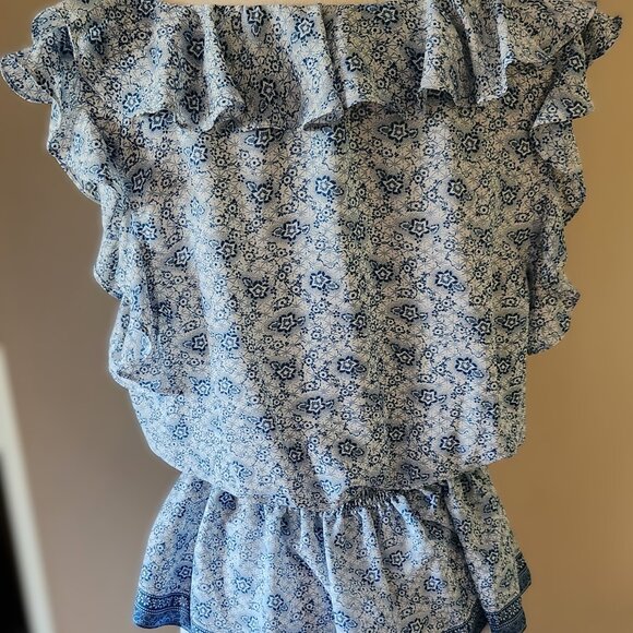 Max Studio, V-Neck, Blue/White, Blouse, Tank Top, XL, Polyester, Floral, Frilly - Picture 4 of 4